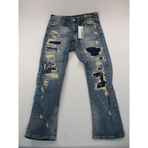 First Row Jeans Men 36 Blue Straight Fit Y2K Distressed Patchwork Splatter